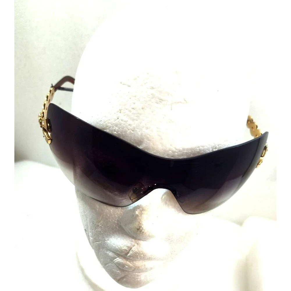 Vintage Y2K Versace 2043-B  Brown Rhinestone Rimless Shield Sunglasses Scratched